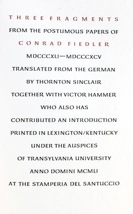 Item #21784 Three Fragments from the Posthumous Papers of Conrad Fiedler MDCCCXLI-MDCCCXCV....