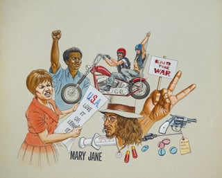 Four marketing illustrations of 1970s cultural protest.