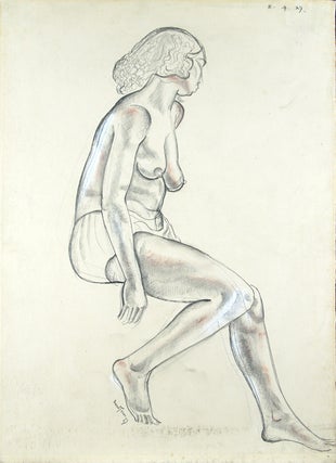 Item #30308 Pencil sketch of a seated nude figure, looking away