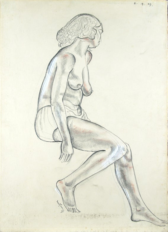 Item #30308 Pencil sketch of a seated nude figure, looking away.