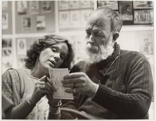 Photograph of Edward Gorey with Tammy Grimes at Gotham Book Mart.