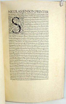 Item #31728 Nicolas Jenson, Printer of Venice: His Famous Type Designs and Some Comment Upon the...