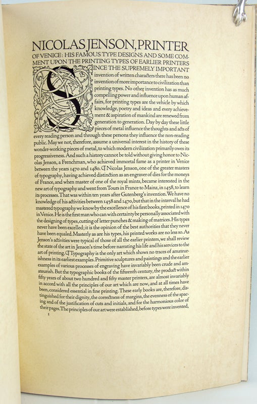 Item #31728 Nicolas Jenson, Printer of Venice: His Famous Type Designs and Some Comment Upon the Printing Types of Earlier Printers. Henry Louis Bullen.