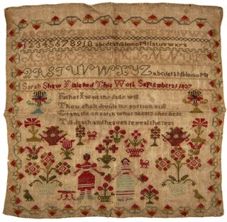 Item #32199 American sampler embroidered with figures of a Black woman and a white woman. Sarah Shaw