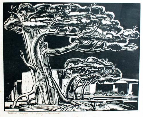 Item #4677 Linoleum block print of a Western fir tree.