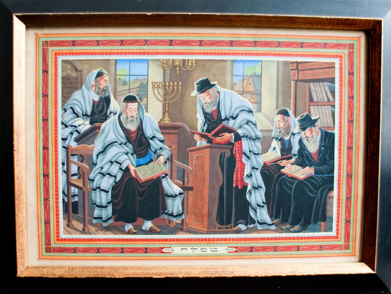 Item #8934 Tefillah, original painting of a group of five men praying in the synagogue.